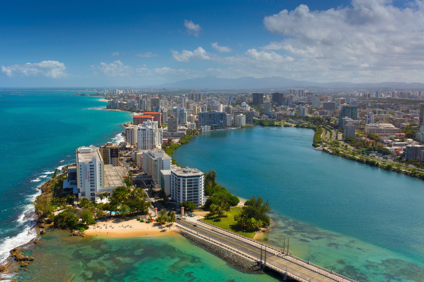 Hotels line Condado Lagoon and Atlantic Ocean San Juan, Puerto Rico